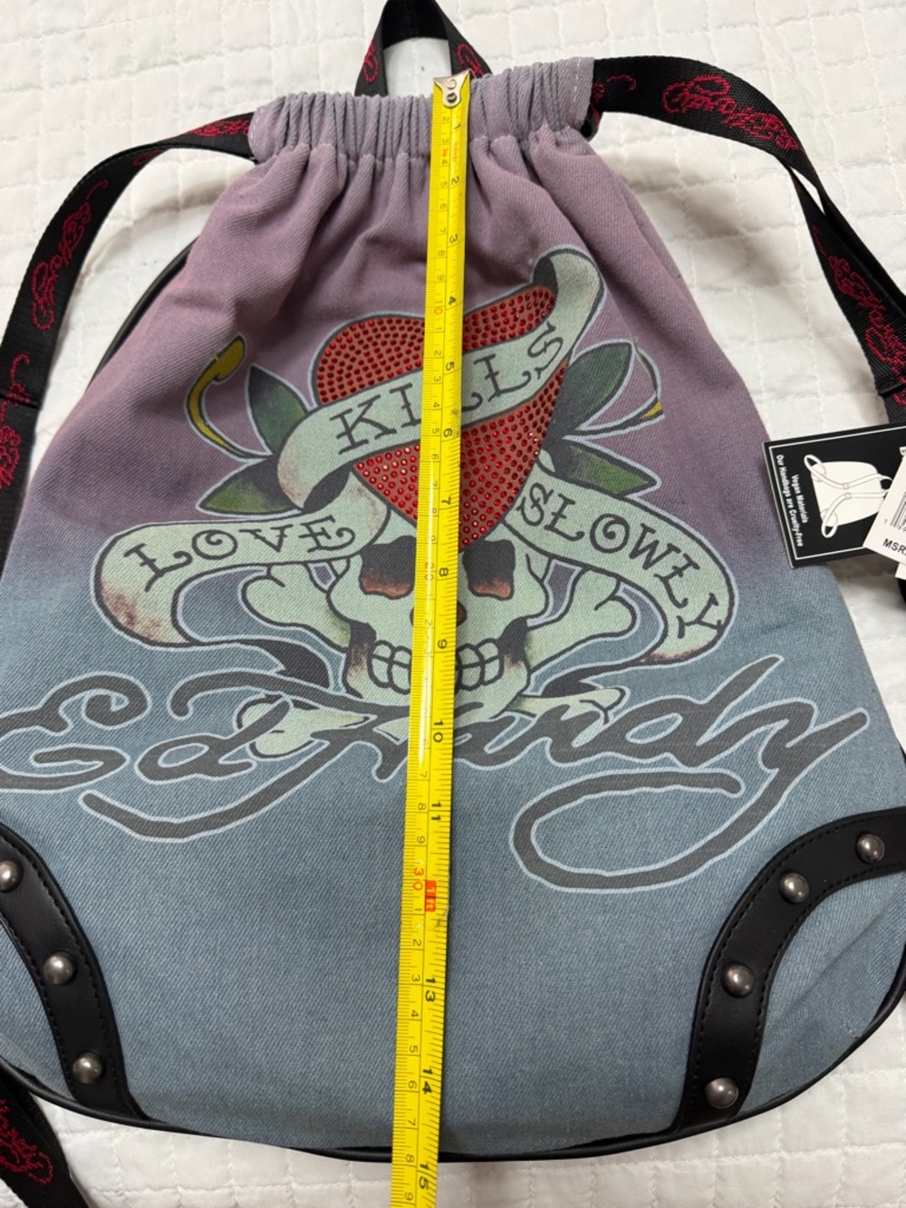 Ed Hardy Skull Heart Rhinestone Drawstring Backpack NWT - Picture 7 of 8